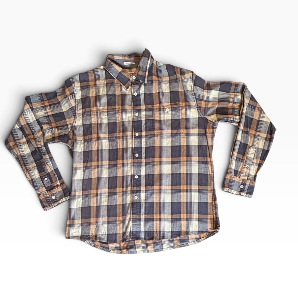 Wrangler Flex for Comfort Mens XL Plaid Button Down Shirt Brown Blue Long Sleeve - Picture 2 of 11